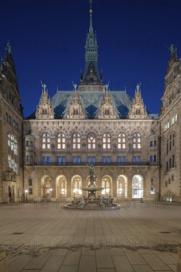 Courtyard of Hamburg City Hall with Hygieia Fountain at Blue Hour, Hamburg, Germany