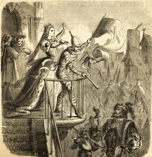 Carnival in Cologne, annual folk festival, medieval, knight, fool, city scene, fifth season, fun, joy, cheerfulness, balcony, waving flag, princess with crown, fasting, guild, tradition, Germany, history, historical illustration 1882