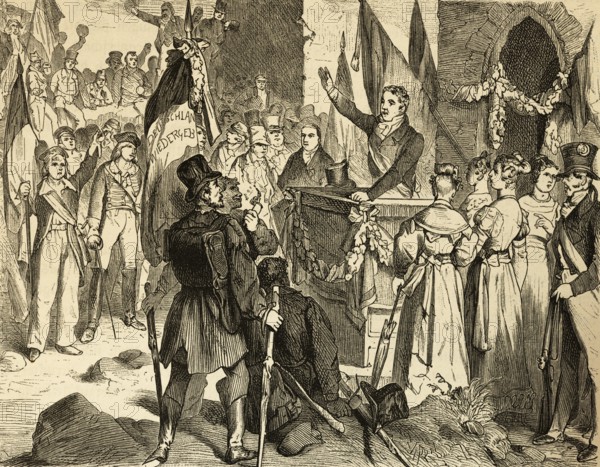 The Hambach Festival (May 1832) popular assembly, outdoors, speakers, audience, population, flags, celebration, development of democracy, liberalism, politics, demands, freedom, national unity, struggle, resistance, German Confederation, Kingdom of Bavaria, history, Neustadt an der Weinstrasse, Germany, historical illustration 1882