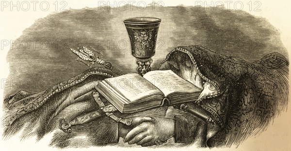 Symbolic picture church, religion, culture, Bible, decorated chalice, sword, Christian faith, hand, symbols, history, historical illustration 1882