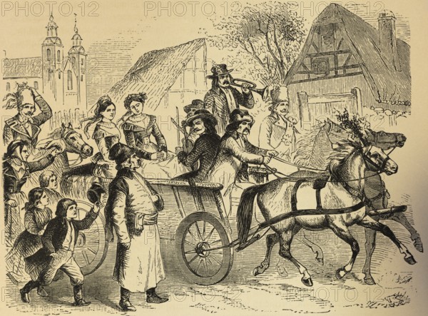 Polish farmer wedding, village scene, festival, horse-drawn carriage, trot, bridal couple, wedding, trumpeter, cheers, children running, church, half-timbered house, farmers, history, Poland, historical illustration 1882