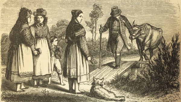 Resident of the province of Saxony, rural scene, man leading beef across footbridge, three woman wearing traditional traditional costume, long dress, headpiece, child, dog, story, Saxony, Germany, historical illustration 1882