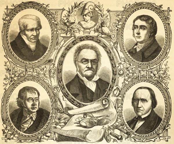 Portraits, Alexander von Humboldt, German explorer (top left), Georg Wilhelm Friedrich Hegel, German philosopher (bottom left), Karl Ritter, German geographer (centre), Bertold Georg Niebuhr, historian (top right), Friedrich Carl von Savigny, jurist (bottom right) Men, famous personalities, oval picture, decorations, science, art, scholar, history, historical illustration 1882