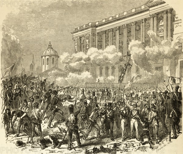 Storming of the Louvre, Paris, revolution, uprising, former residence of the French kings, people, military, weapons, guns, shooting, protection, director, art, painting collection, palace, France, history, historical illustration 1882