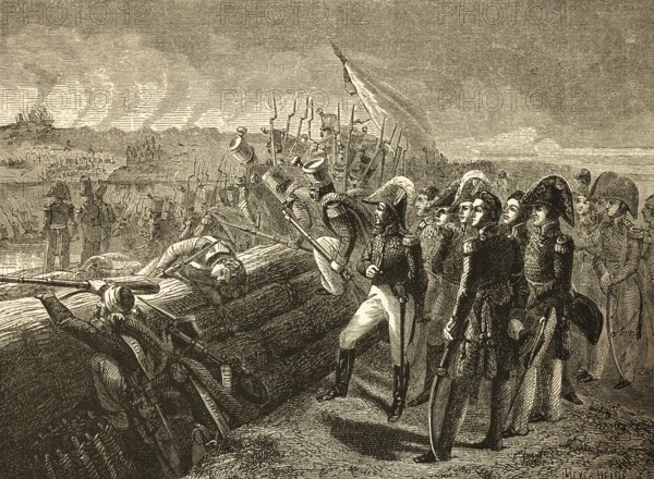 Conquest of Trocadero by the Duke of Angoulême (1823) Commander of the French army, peninsula in the Mediterranean off Cadiz, end of the Spanish Revolution, siege, monarchy, barricades, war, weapons, guns, flag, commander, victory, history, historical illustration 1882