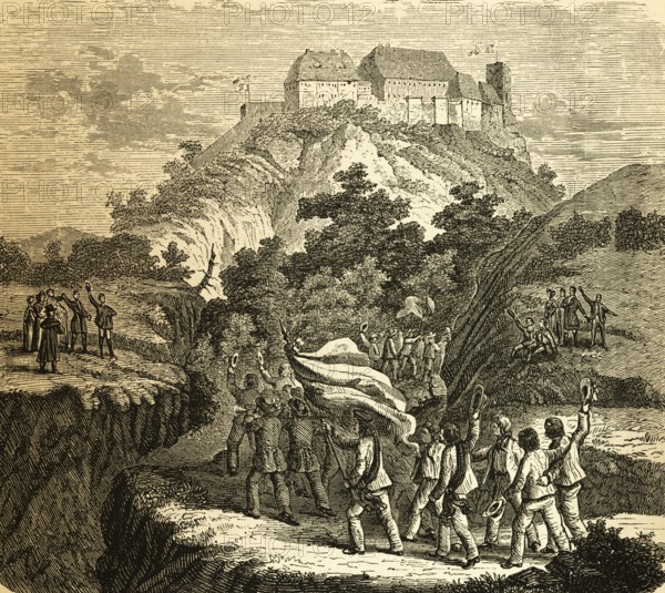 Train of gymnasts to Wartburg 1817, Eisenach, Wartburg festival, meeting of students and professors, protest rally against small statehood, for nation state, flag, joy, enthusiasm, politics, resistance, state power, history, Thuringia, Germany, historical illustration 1882