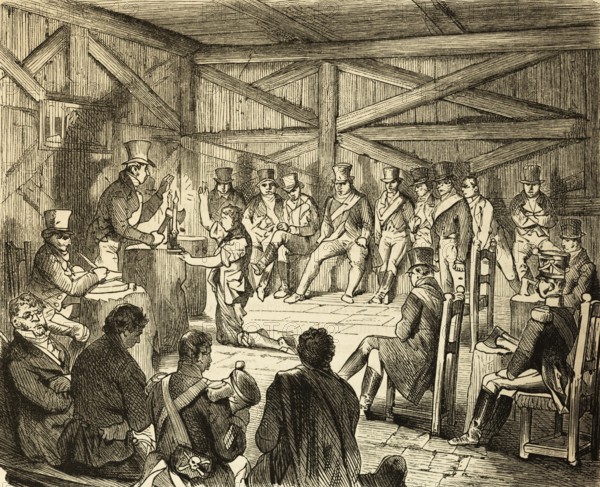 Assembly of the secret society of Carbonari or Karbonari in the assembly building, baracca, hut, wooden house, charcoal burner in chasm, speaker at the podium, important secret society Carboneria in the 19th century, history, Italy, historical illustration 1882