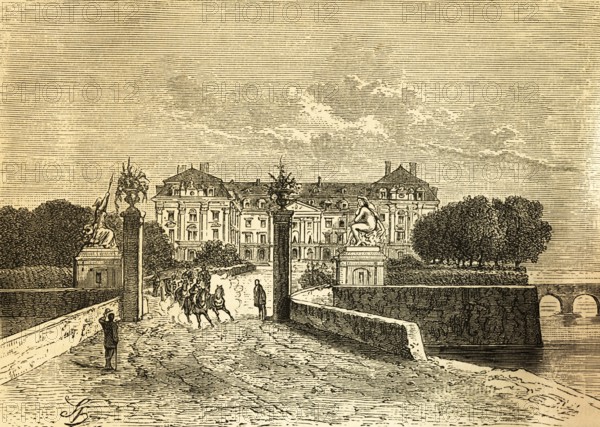 Brühl Castle, Augustusburg Castle, 18th century, east façade, UNESCO World Heritage Site, summer residence, palace, park, water, bridge, driveway, pillars, history, attraction, landmark, figures, riders, people, North Rhine-Westphalia, Germany, historical illustration 1882