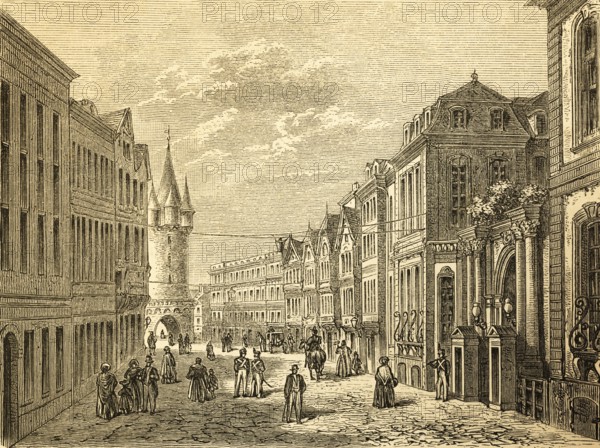 Federal Palace with view of the Eschenheim Gate Tower, building, Frankfurt Main, wide street with cobblestones, people, round tower, parliament, Germany, history, historical illustration 1882