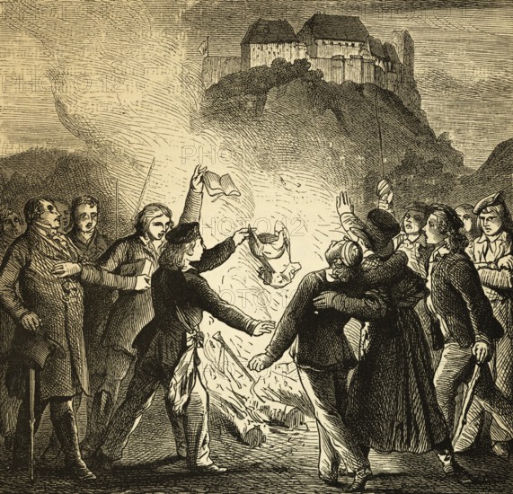 Burning of books, ribbons and braids in front of the Wartburg on October 18, 1817, Eisenach, Wartburg festival, meeting of students and professors, fire, protest rally against small statehood, for nation state, dress code, garment, enthusiasm, joy, resistance, stattsmacht, history, Thuringia, Germany, historical illustration 1882