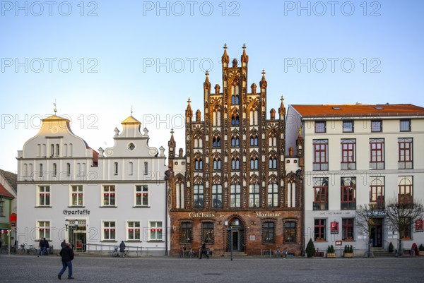Historic brick Gothic buildings on the market square of the Hanseatic City of Greifswald, Mecklenburg-Western Pomerania, Germany, for editorial use only