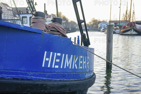 The HEIMKEHR piling boat, built in 1901, is now moored in the museum port of the Hanseatic City of Greifswald, Mecklenburg-Western Pomerania, Germany