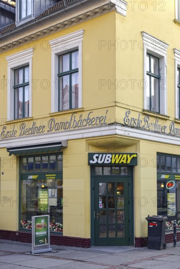 Branch of the US fast food chain Subway in the historic building of the First Berlin Steam Bakery in the city center of the Hanseatic City of Greifswald, Mecklenburg-Western Pomerania, Germany, for editorial use only