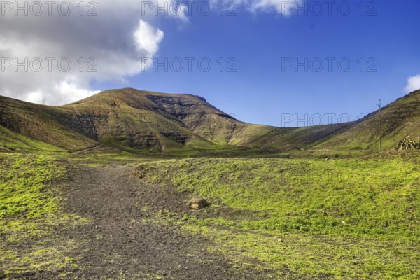 Trail leads through green hills under a sunny sky, Yaiza Lanzarote