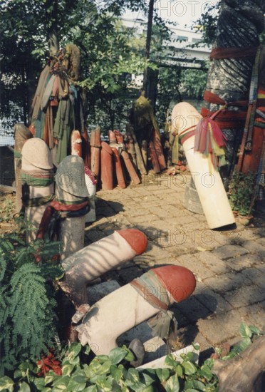 Wooden penises in the Chao Mä Tuptim shrine. In Thailand, the phallus (penis) is a symbol of luck and fertility. Buddha, Buddhism, Religion, Bangkok, Thailand, Southeast Asia
