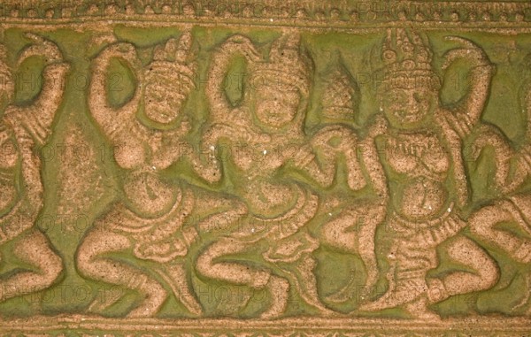 Relief of a temple, group of dancing woman, Buddha, Buddhism, religion, Ayutthaya, Thailand, Southeast Asia