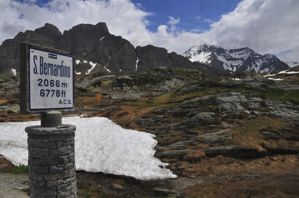 Information board at the top of the San Bernandino Pass in the canton of Grisons in Switzerland