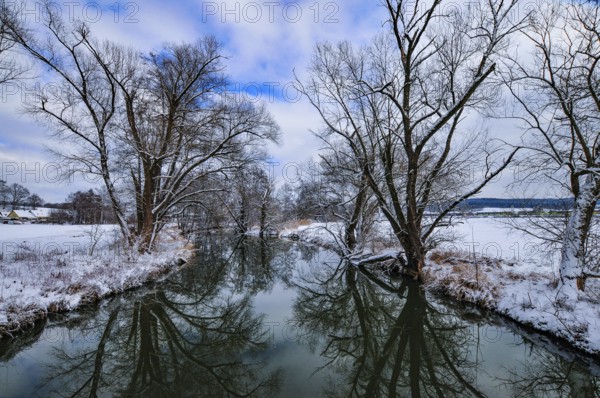 Wintery floodplain landscape along the Schmutter in the Augsburg Western Wälder nature park Park, Bavaria, Germany