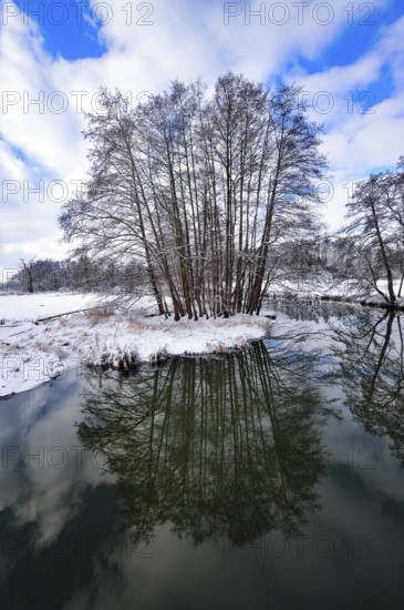 Wintery floodplain landscape along the Schmutter in the Augsburg Western Wälder nature park Park, Bavaria, Germany