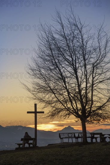 View from the rest area on the Auerberg into the West Allgäu mountains with the Grünten (1737 m), the guardian of the Allgäu, Bavaria, Germany