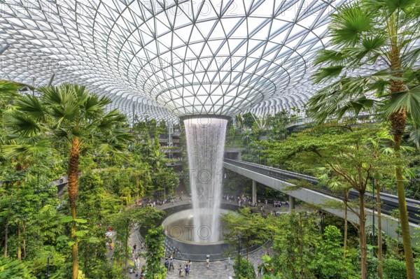 Forest Valley with Rain Vortex, world's tallest indoor waterfall at Jewel Changi Airport in the city-state Singapore, Southeast Asia