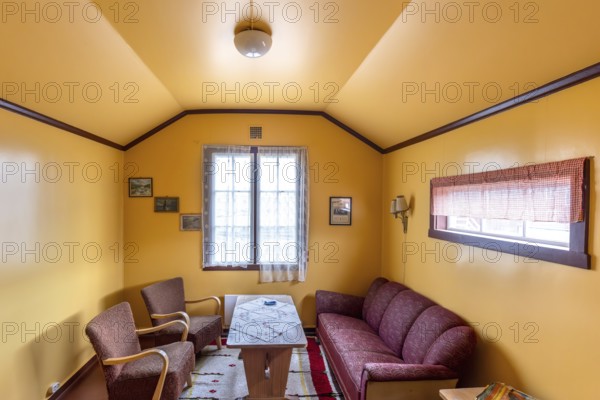 1963 interior of the Green House museum, original småhus from 1918 at Ny-Alesund, Oscar II Land, Svalbard, Spitsbergen, Norway
