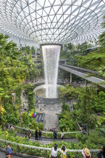 Forest Valley with Rain Vortex, world's tallest indoor waterfall at Jewel Changi Airport in the city-state Singapore, Southeast Asia