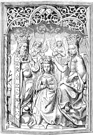 Coronation of Mary or Virgin Mary, relief by Veit Stoss (1447-1533) sculptor and painter, Coronation of Mary, Catholic Church, Presentation, Mother of Jesus, Assumption into Heaven, Queen of Heaven, Queen of Angels, Old Testament, Song of Songs, Trinity, art history, historical illustration 1869