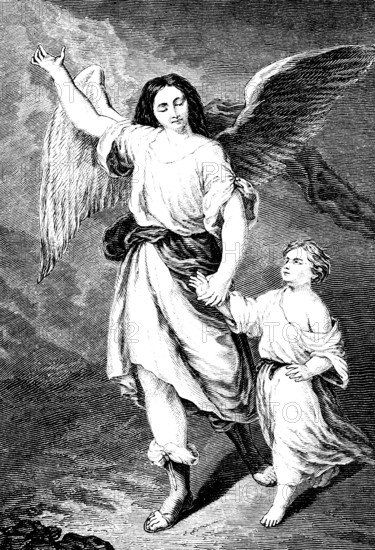 The guardian angel Angel, after Bartolomé Esteban Murillo (1617-1782) painter, angel leading child, wings, fantasy, heaven, barefoot, protection, trust, safety, golden age, baroque, museum Madrid, Spain, art history, historical illustration 1869