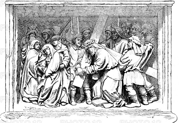 Of the Stations, after Adam Kraft (1460 -1509), German sculptor of the late Gothic period, Jesus carries his own cross, Way to the crucifixion, Encounters his mother Mary, Torturer, beating, Suffering, Nuremberg Way of the Cross, seven stations, art history, historical illustration 1869