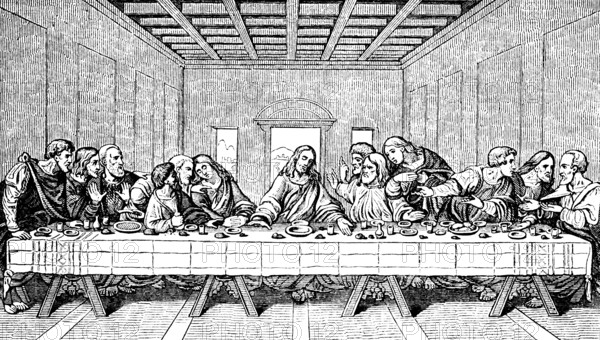 Mural painting The Holy Supper (1495-1497) after Leonardo da Vinci, Last Supper of Jesus, disciples, twelve apostles, long table, plate, perspective, Renaissance, Dominican monastery of Santa Maria delle Grazie, Milan, art history, Italy, historical illustration 1869