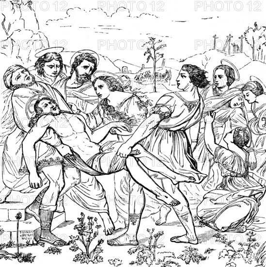 Altarpiece Entombment of Christ (1507), after Raphael, Renaissance, carrying the body of Christ, Mary Magdalene holding Jesus' hand, Jesus' mother Mary fainting, tomb, crypt, hill of the crucifixion in the background, death, Christian motif, art history, historical illustration 1869