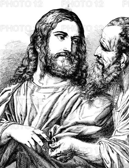Oil painting The Interest Gain, after Tiziano Vecellio (ca. 1516) Titian, Christ with Pharisees, Bible, Gospel of Matthew, New Testament, portrait, Jews, Roman Emperor, Taxes, Proverb, Render unto Caesar what is Caesar's, Art history, historical illustration 1869
