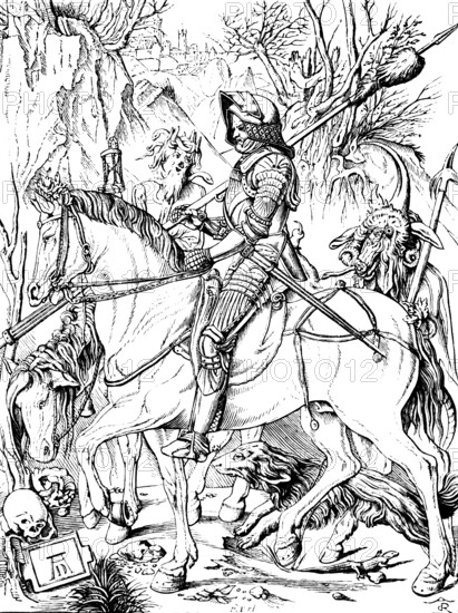 Knight, Death and the Devil or Knight defies Death and the Devil, after an engraving (1513) by Albrecht Dürer, master engraving, symbolism, horse, armour, helmet, spear, dog, tired rattling horse, hourglass, transience, Renaissance, skull, signature, tabula ansata, art history, historical illustration 1869