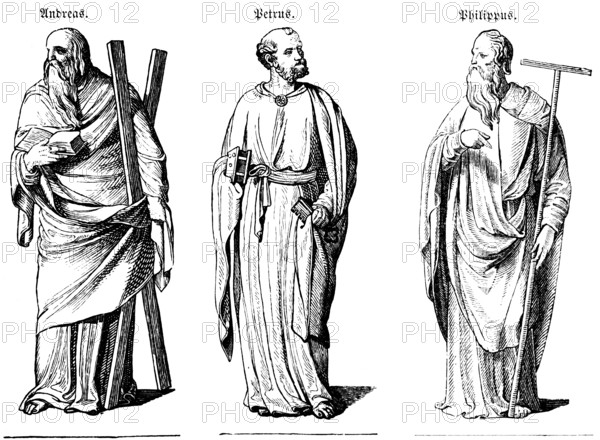 Apostle figures (1507-1517) from St Sebald's tomb in Nuremberg, St Sebald's Church, bronze figures, Andrew, Peter, Philip, sculptor Peter Vischer the Elder, Germany, art history, historical illustration 1869