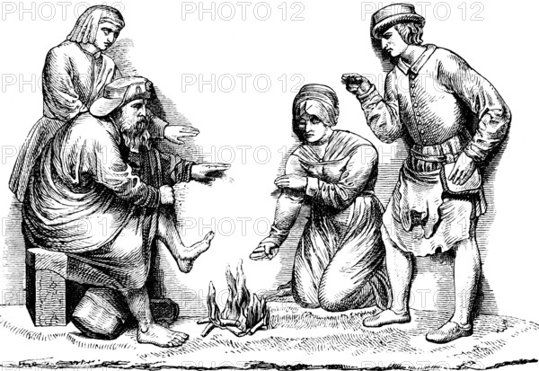 Relief depiction of Saint Sebald or Sebaldus of Nuremberg warming up on burning icicles, legend, story, group, winter, frost, bare feet, hands, lack of wood, art history, historical illustration 1869