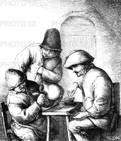 Peasants playing dice, three men at the table, jug, drinking, poverty, laughing, fun, closing time, portrait, art history, historical illustration 1869