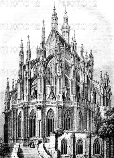 St. Barbara Cathedral or Kuttenberg Cathedral, choir view, Gothic, high-nave, nave, pillars, arcades, buttresses, architecture, staircase, UNESCO World Heritage Site, Kutná Hora, Czech Republic, historical illustration 1869