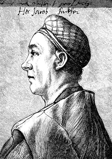 Portrait in side view of Jakob Fugger the Rich, based on a drawing by Hans Holbein the Elder, cap, cloak, imperial count, merchant, banker, trading house, wealth, Augsburg merchant family, Fuggerei poor settlement, art history, Augsburg, Germany, historical illustration 1869