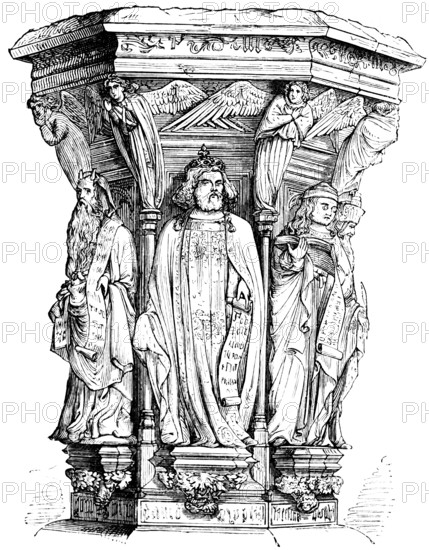 Fountain of Moses (c. 1400) in the Chartreuse de Champmol in Dijon, former Carthusian monastery, prophets, Moses with scroll, angel figures, ornamentation, sculptor Claus Sluter, Burgundy, France, art history, historical illustration 1869