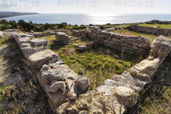 Ancient archaeological site Heraclea Minoa, restoration, ruins overlooking the sea, coastline, Eraclea Minoa, Montallegro, Agrigento, south coast, Sicily, southern Italy, Italy