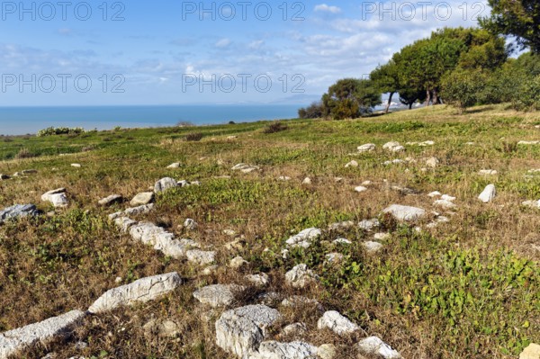 Ancient archaeological site of Heraclea Minoa, ruins overlooking the sea, coastal landscape, Eraclea Minoa, Montallegro, Agrigento, south coast, Sicily, southern Italy, Italy