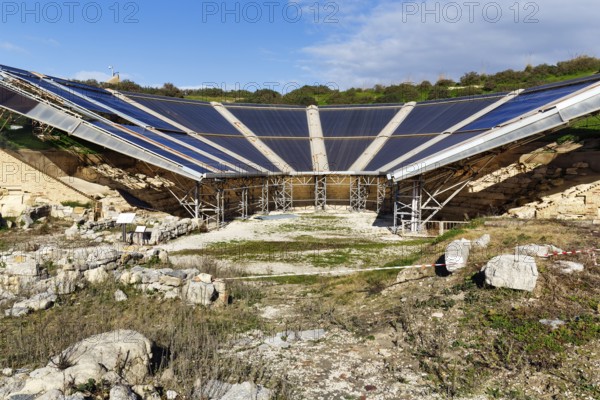 Ancient Greek Theatre, Heraclea Minoa, ruins, weather protection, modern roofing, fiberglass panels, restoration, excavation site, Eraclea Minoa, Montallegro, Agrigento, south coast, Sicily, southern Italy, Italy