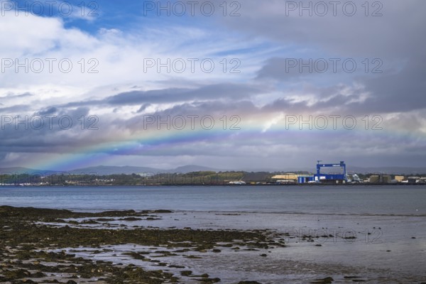 Rainbow over Forth Estuary, Forth Bridge, Queensferry Crossing, Scotland, UK