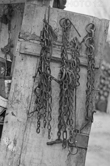 Cow chains on a cupboard door in the courtyard, Täuberhof, on a former Franconian farm, black and white, Bavaria, Germany