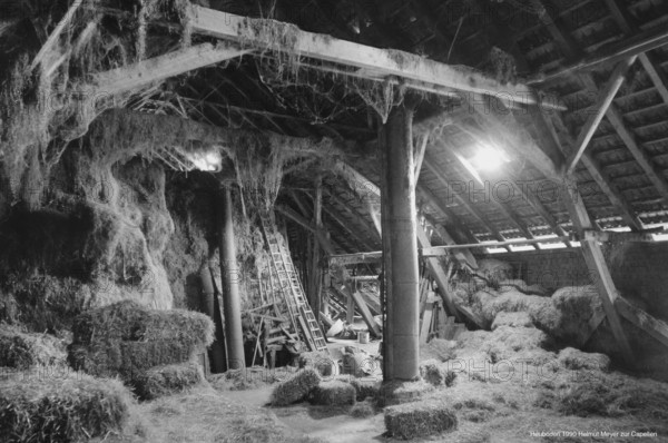 Hayloft on a former Franconian farm, black and white, Bavaria, Germany