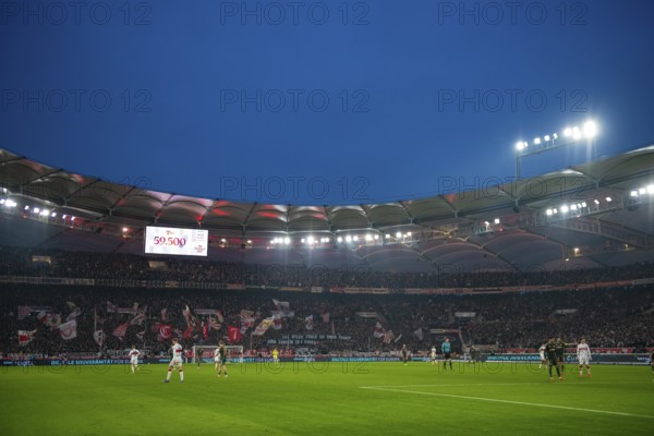 Total, overview, interior, floodlit game, soccer, Bundesliga, VfB Stuttgart, blue hour, evening game, MHPArena, MHP Arena Stuttgart, Baden-Württemberg, Germany