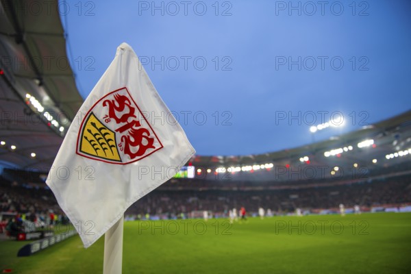 Corner flag, logo, coat of arms, VfB Stuttgart, total, overview, floodlight, soccer, Bundesliga, blue hour, evening game, evening, MHPArena, MHP Arena Stuttgart, Baden-Württemberg, Germany