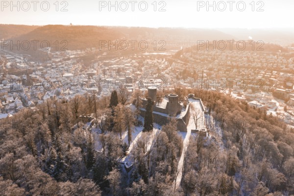 Panorama of a snowy town with a castle on a hill in the foreground, Nagold, Calw district, Black Forest, Germany