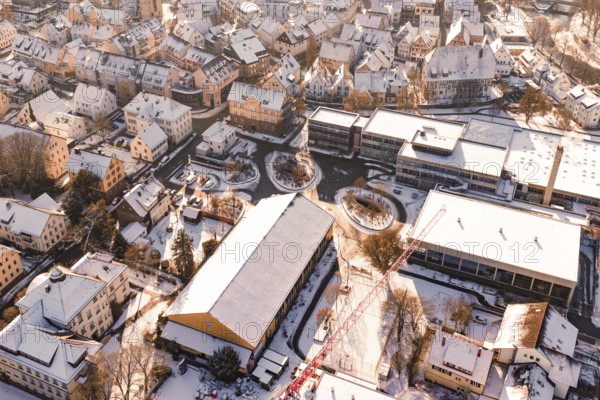 Snowy city center perspective with various types of buildings, Nagold, Calw district, Black Forest, Germany
